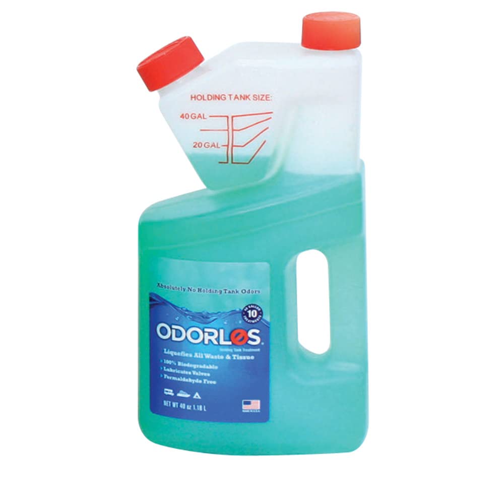 Valterra bottle front label showing product and easy measuring for odor control