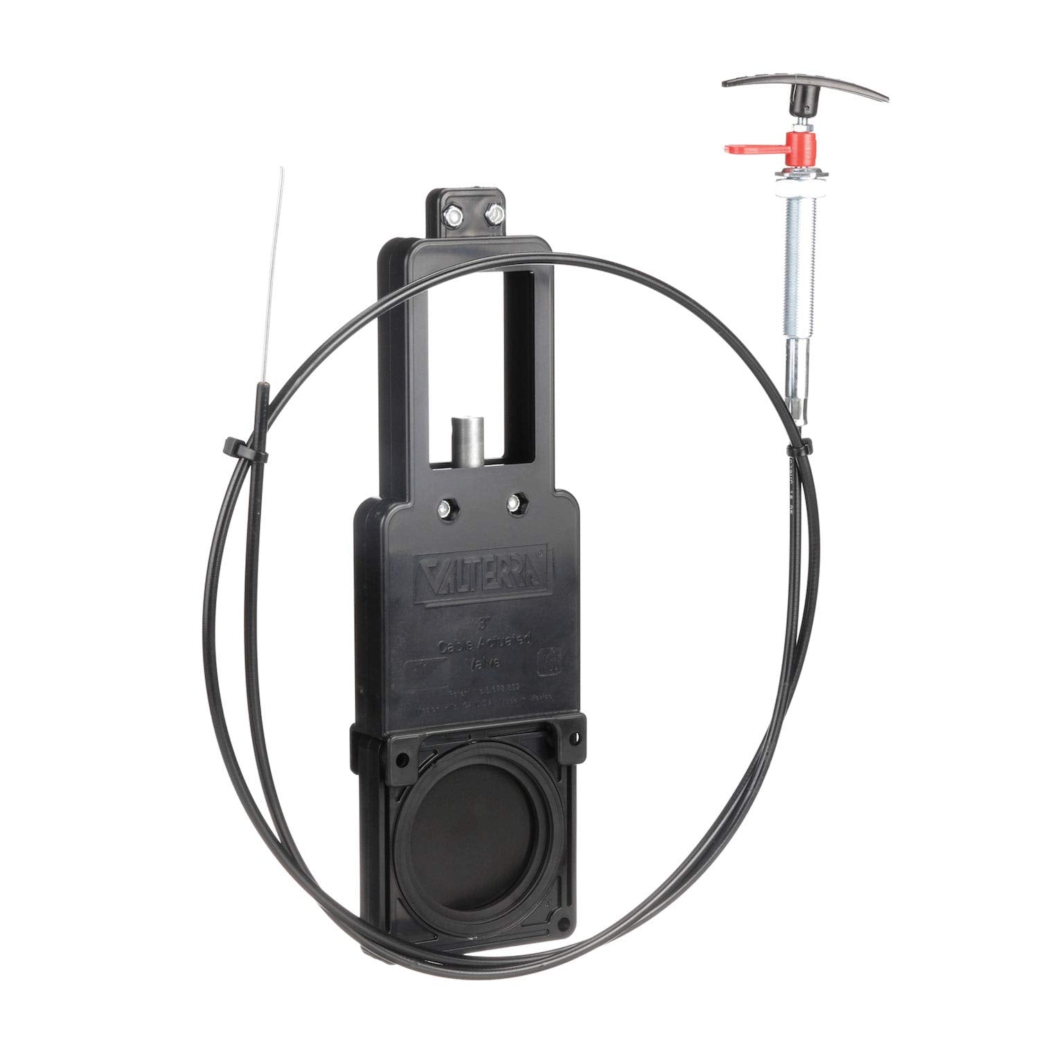 Valterra valve in use draining from storage compartment demonstrating mess-free control