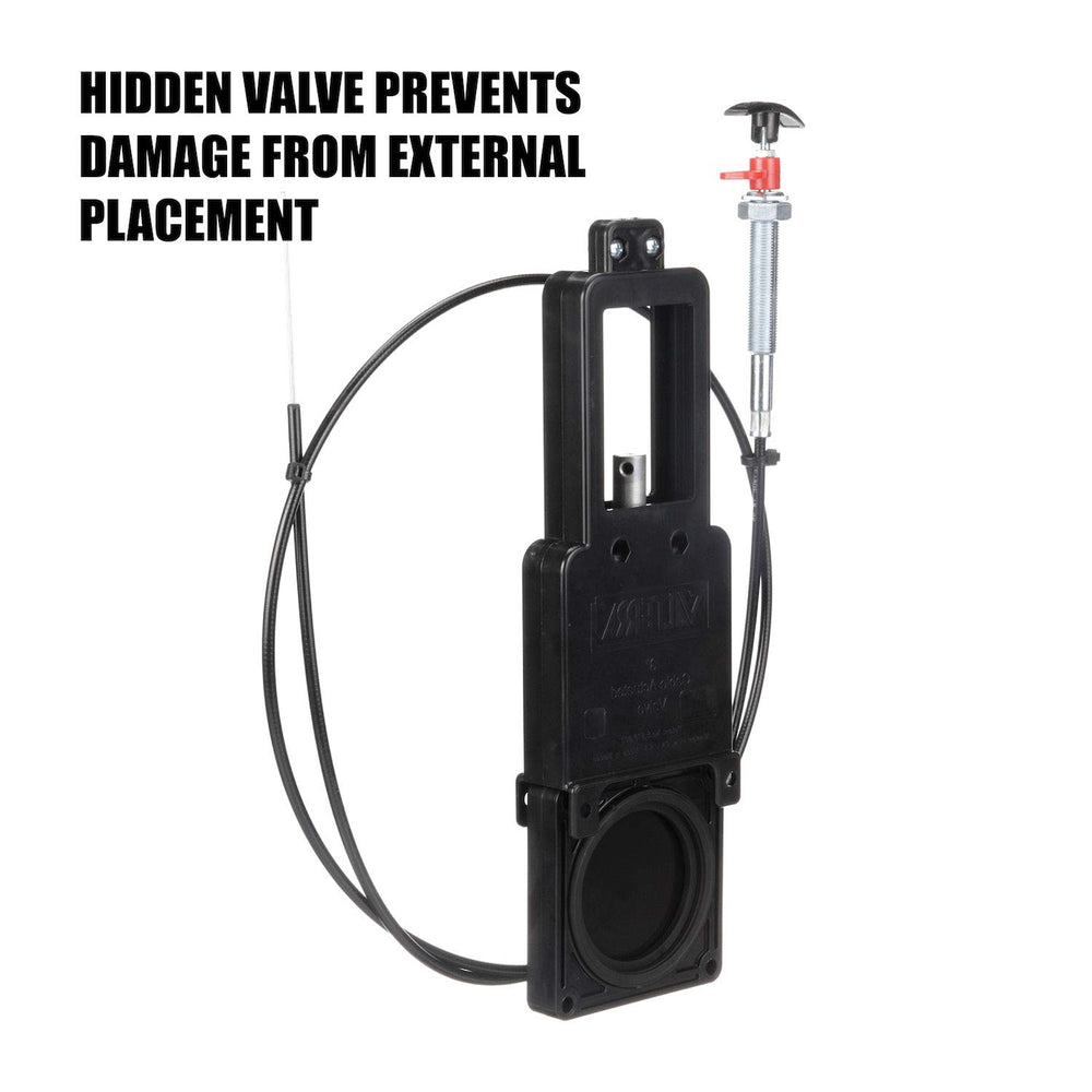 Valterra valve mounted in RV bulkhead showing concealed placement and protection