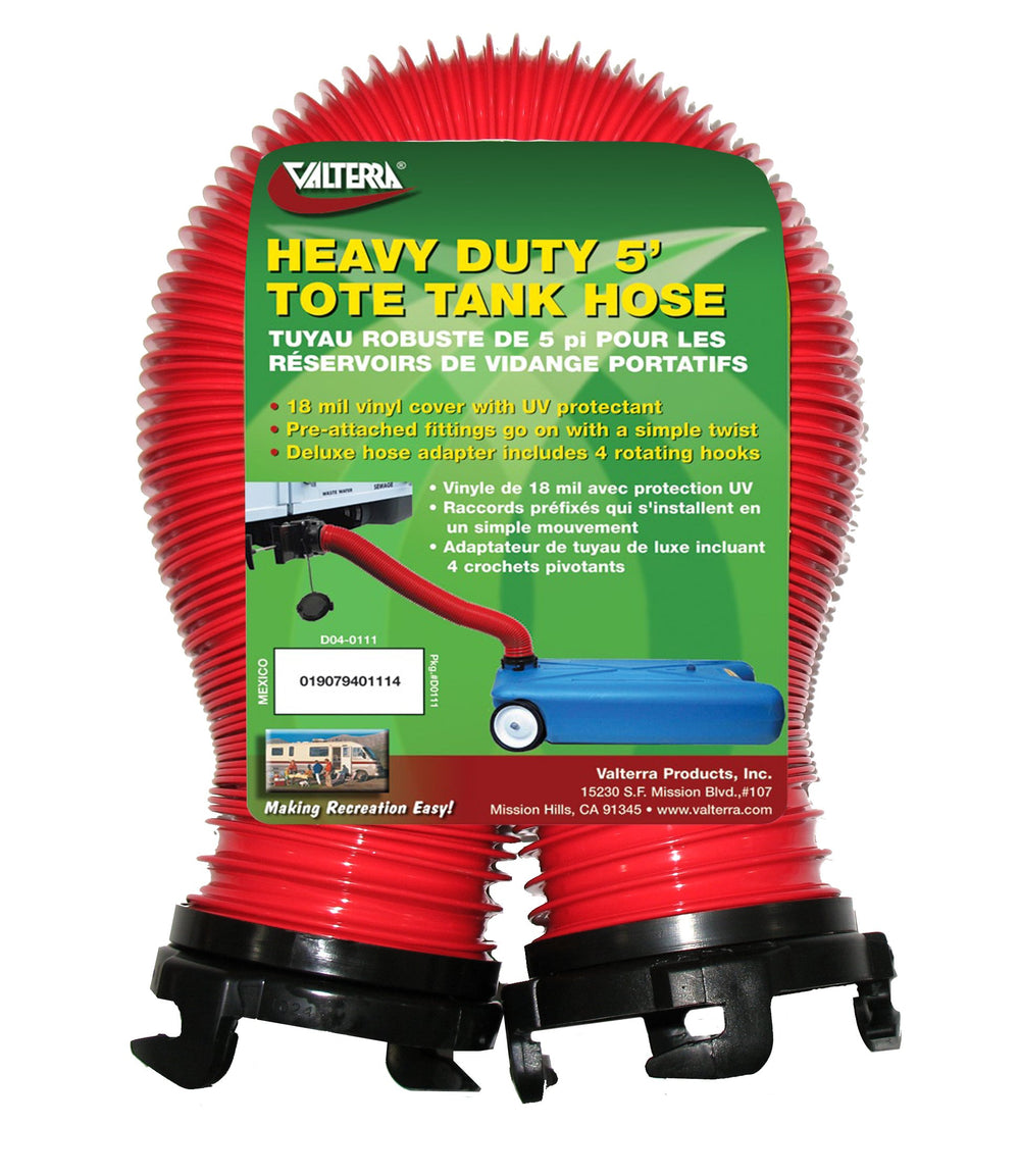 Valterra hose installed between tote and tank showing swivel adapter for easier transfers