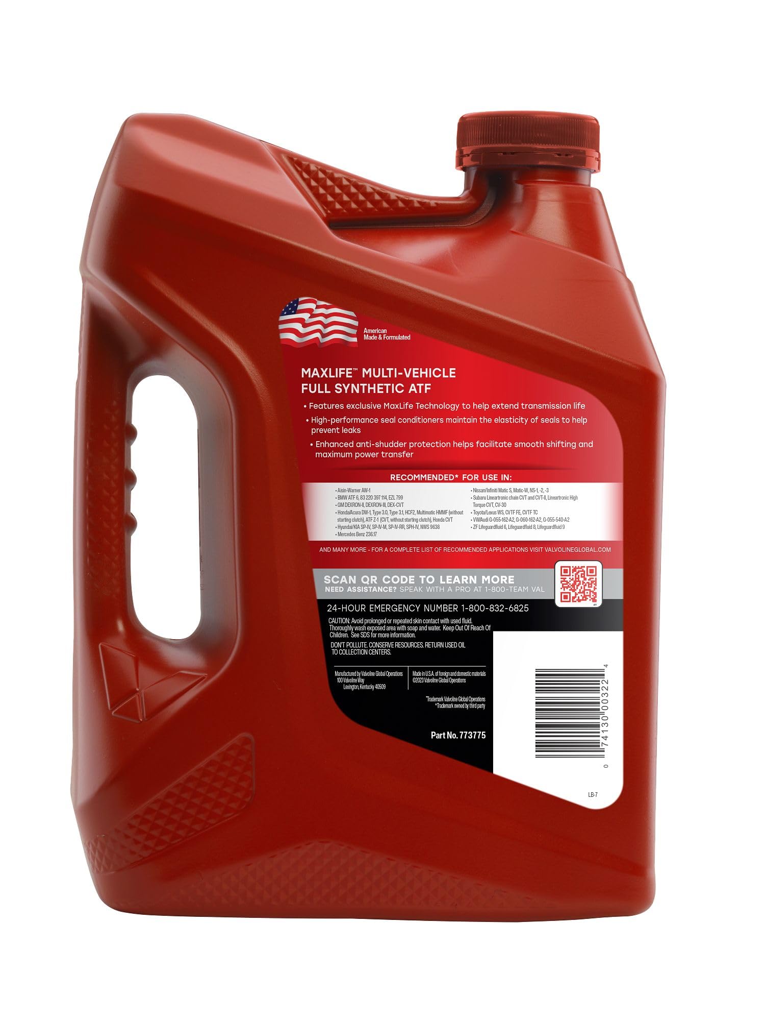 Valvoline MaxLife rear label with specifications and vehicle coverage details