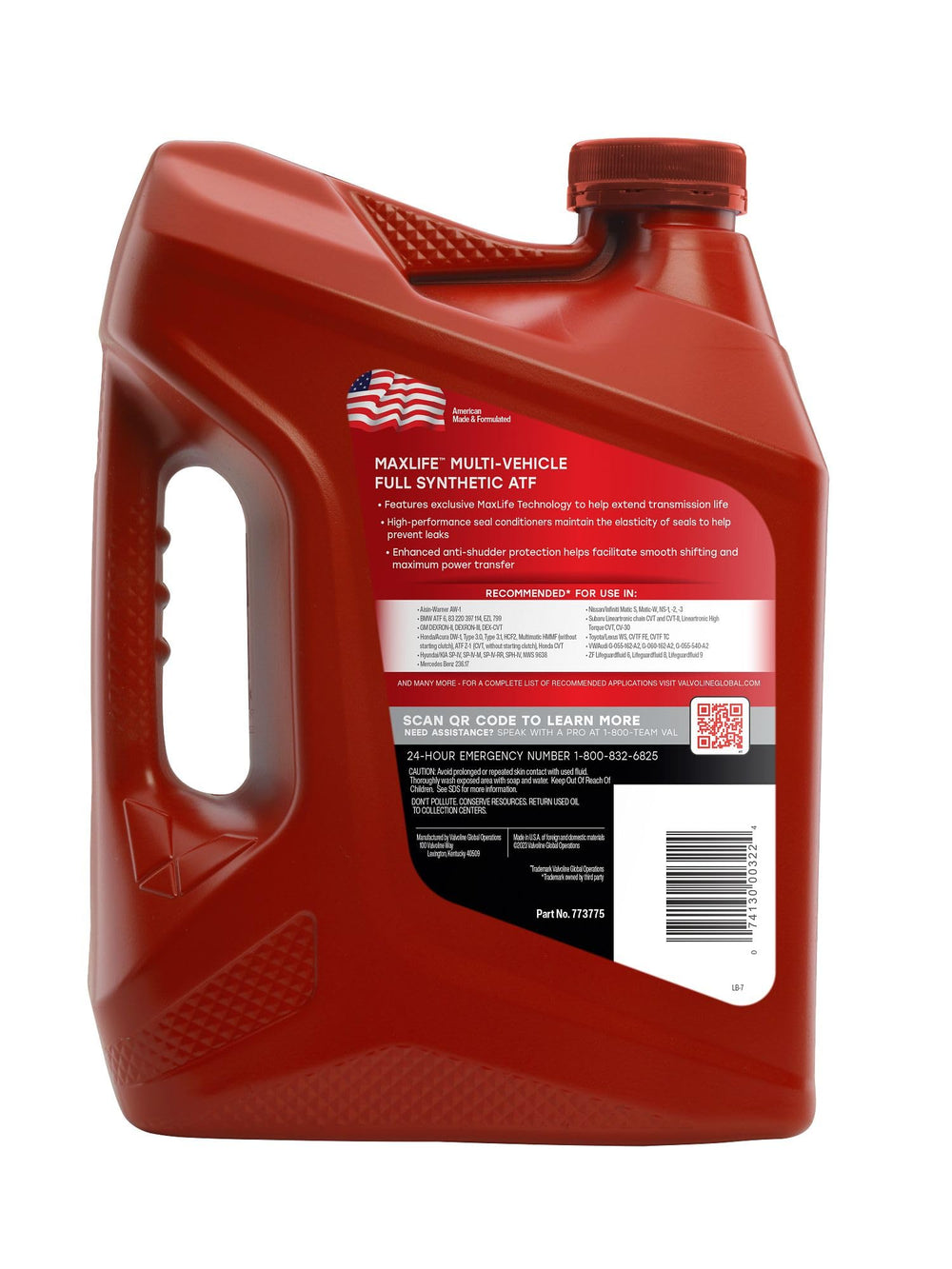 Valvoline MaxLife rear label with specifications and vehicle coverage details
