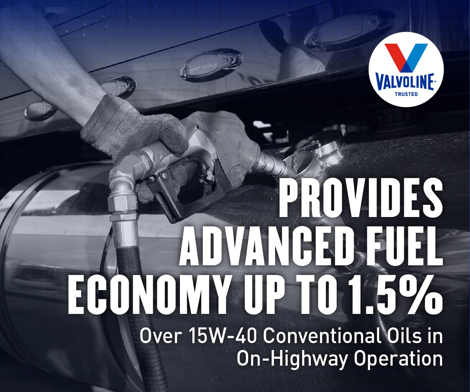 Valvoline jug beside diesel truck illustrating fleet use and heavy-duty suitability