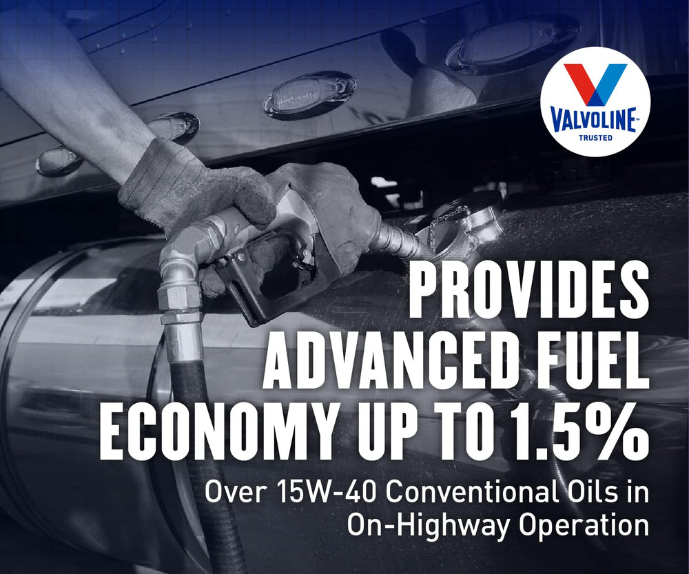 Valvoline jug beside diesel truck illustrating fleet use and heavy-duty suitability