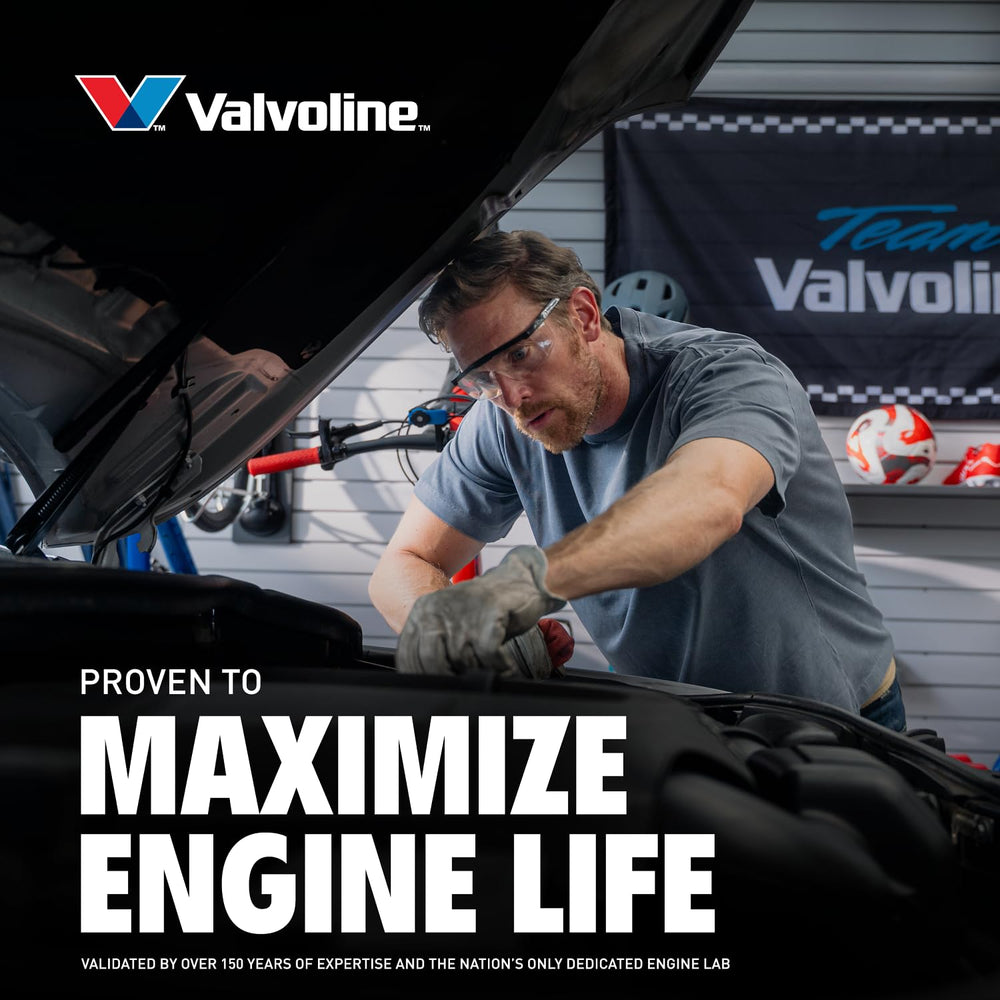 Valvoline size scale next to tools showing 5-quart capacity convenience