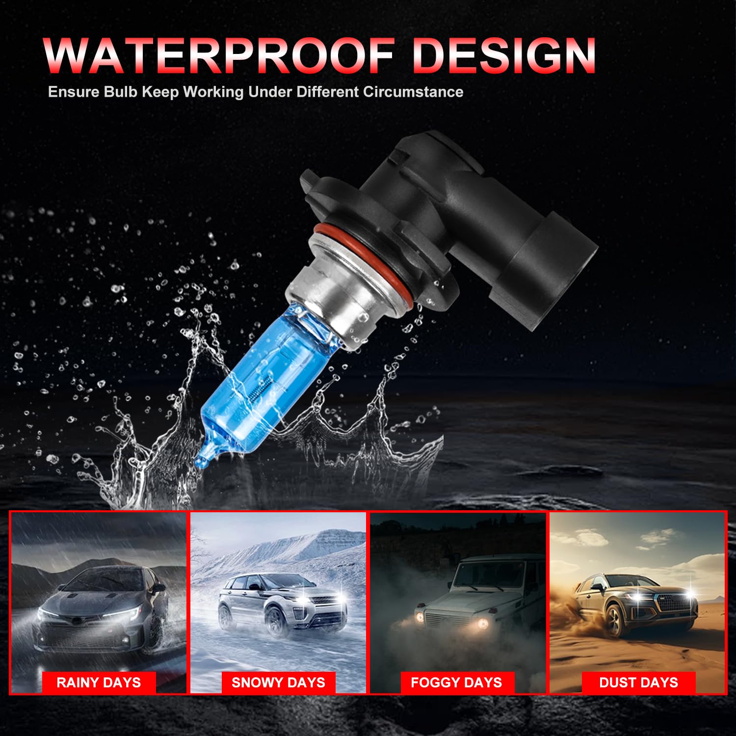 VAMOTA bulbs illuminating a wet road to show weatherproof lighting advantage