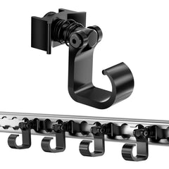 vandrabase front view of four black L-track hooks showing compact profile and organization benefit