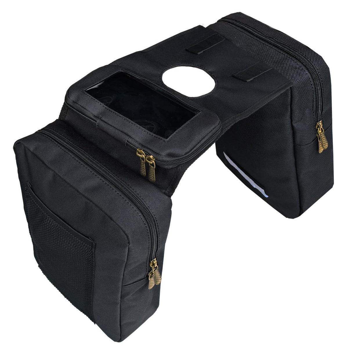 Vanlison front view of tank bag showing compartments and waterproof fabric benefit