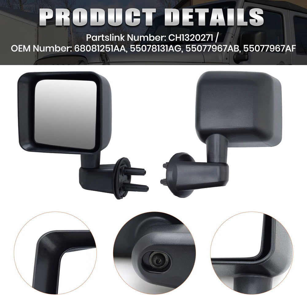 VANLOGY mirror installed on Wrangler door demonstrating direct-fit replacement ease