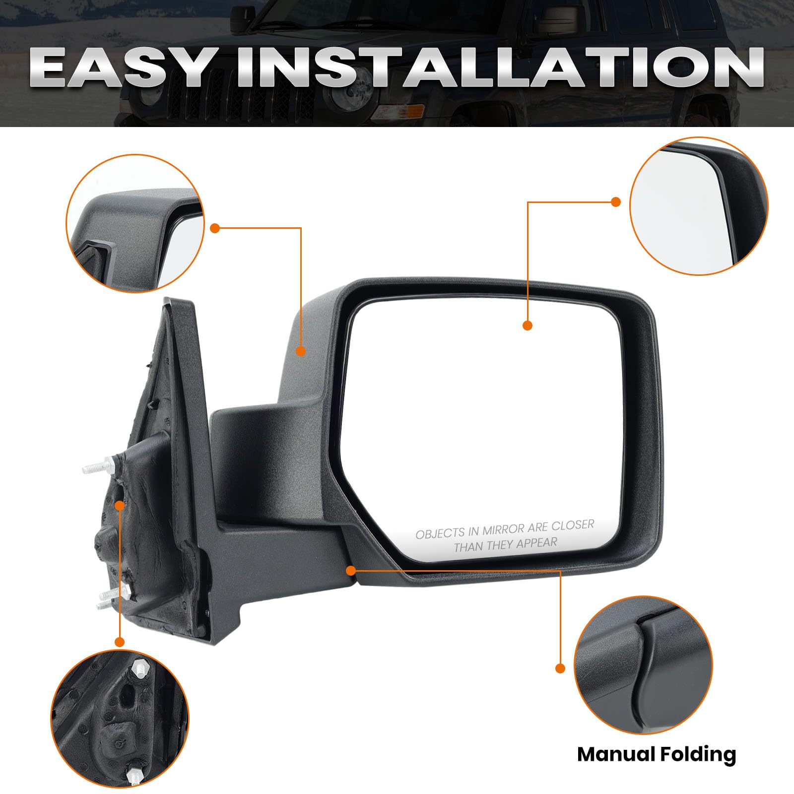 VANLOGY close-up of mirror housing detail with durable construction benefit