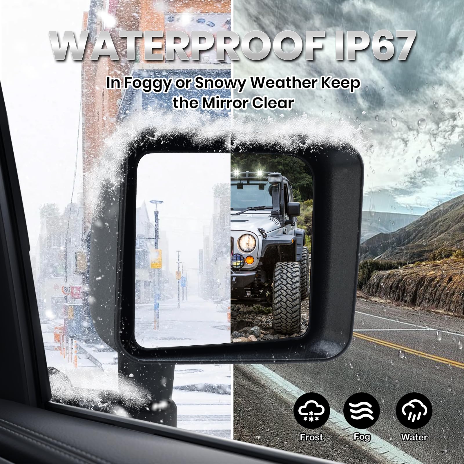 VANLOGY mirror installed on Jeep Wrangler door illustrating proper alignment benefit