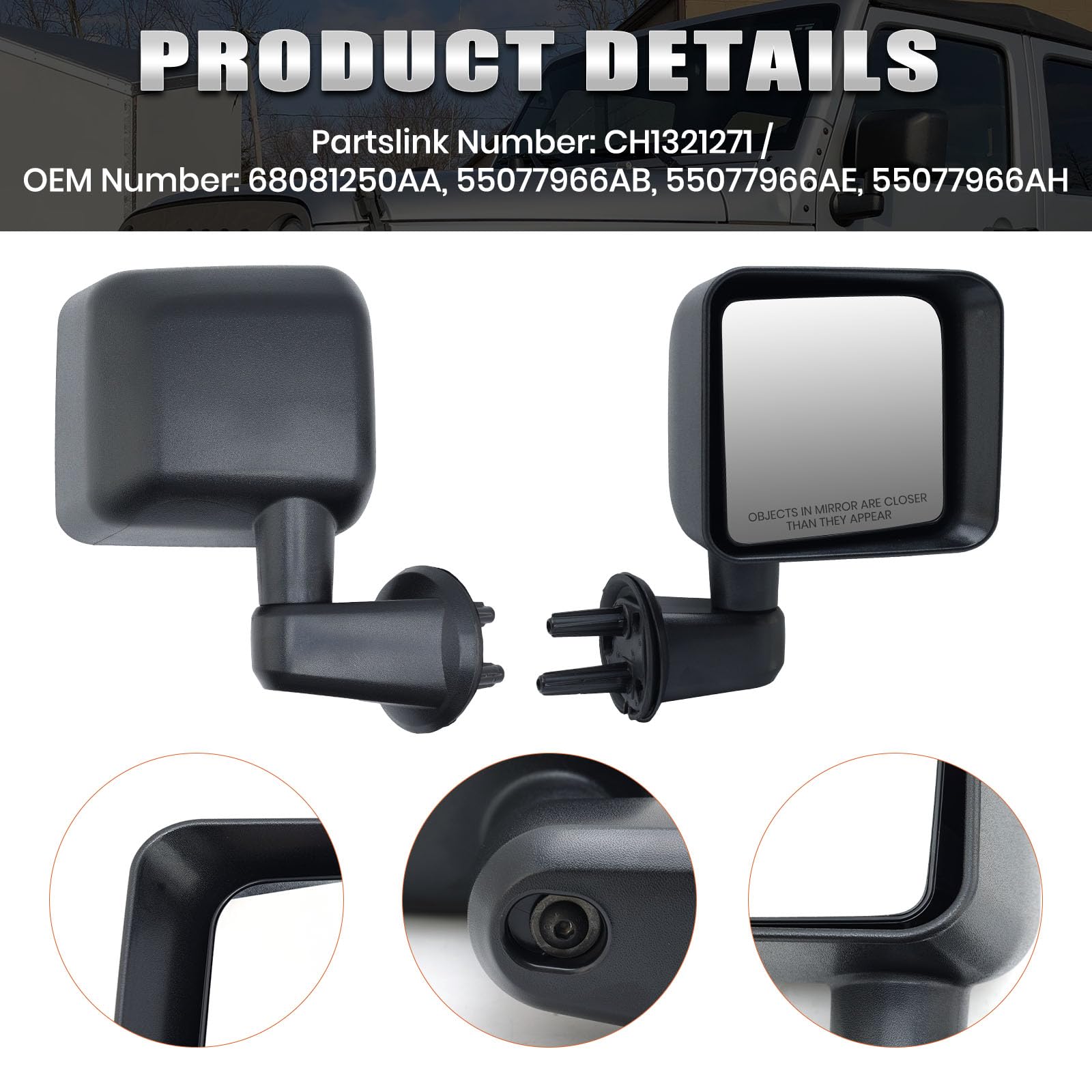 VANLOGY mirror beside a ruler showing dimensions and fitment confidence benefit