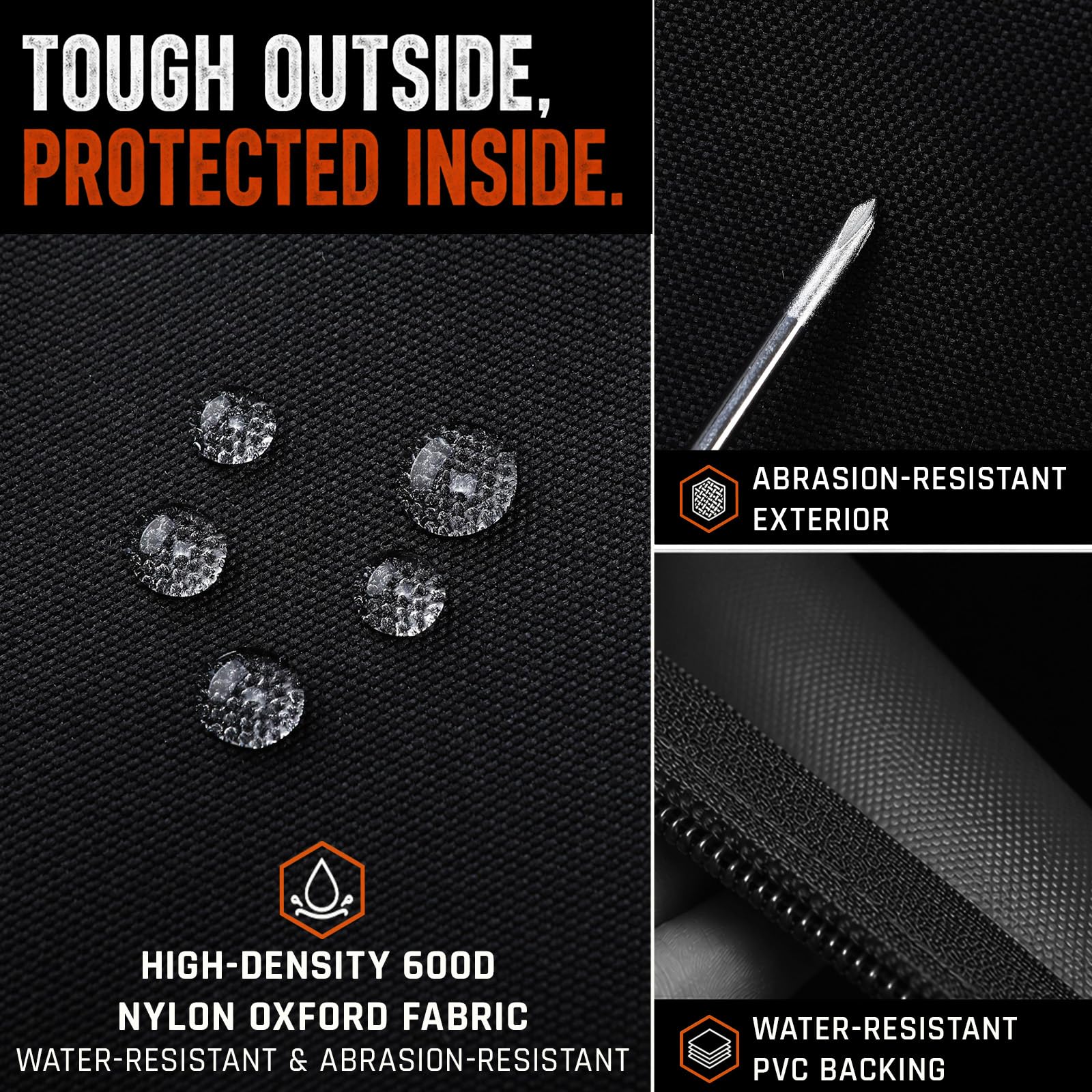 Vanlutone 600D nylon fabric texture close-up showing water resistance and toughness