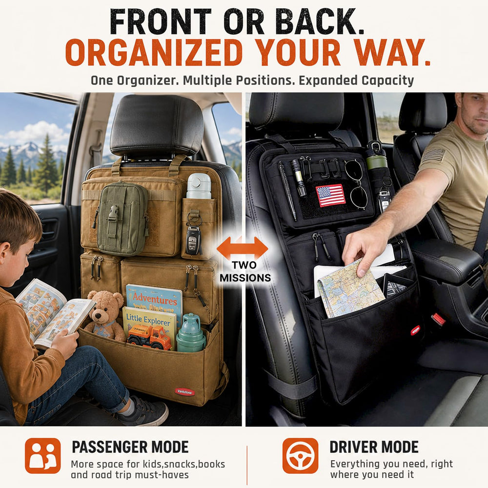 Vanlutone organizer installed on pickup seat back demonstrating snug fit and accessibility