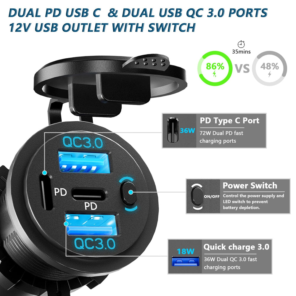 VANONE closeup of USB-C/USB-A ports and on/off switch, fast-charge convenience
