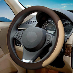 VARGTR steering wheel cover front view showing coffee and beige contrast and elegant look