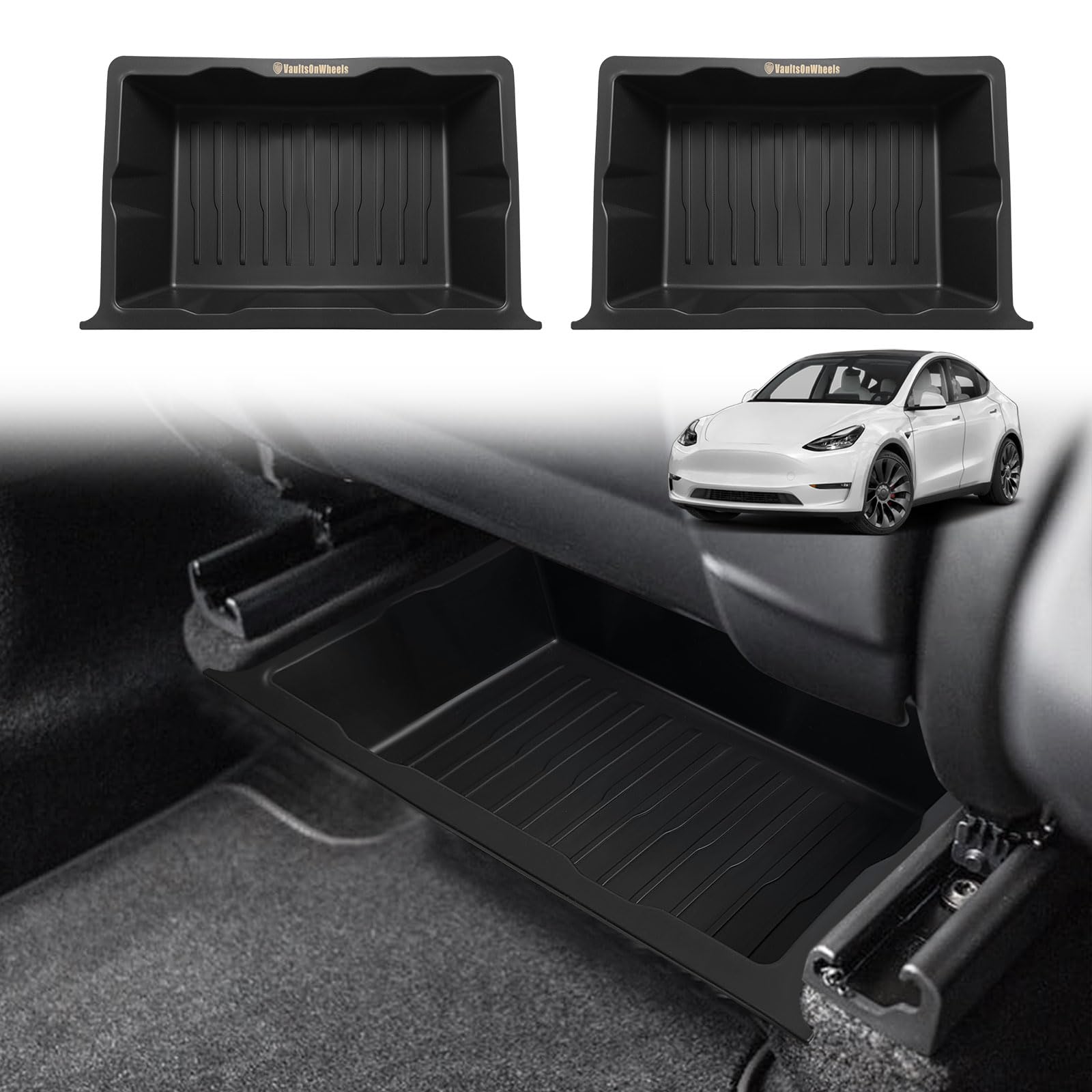 VaultsOnWheels front packaging showing both underseat storage bins and included strips benefit tidy storage