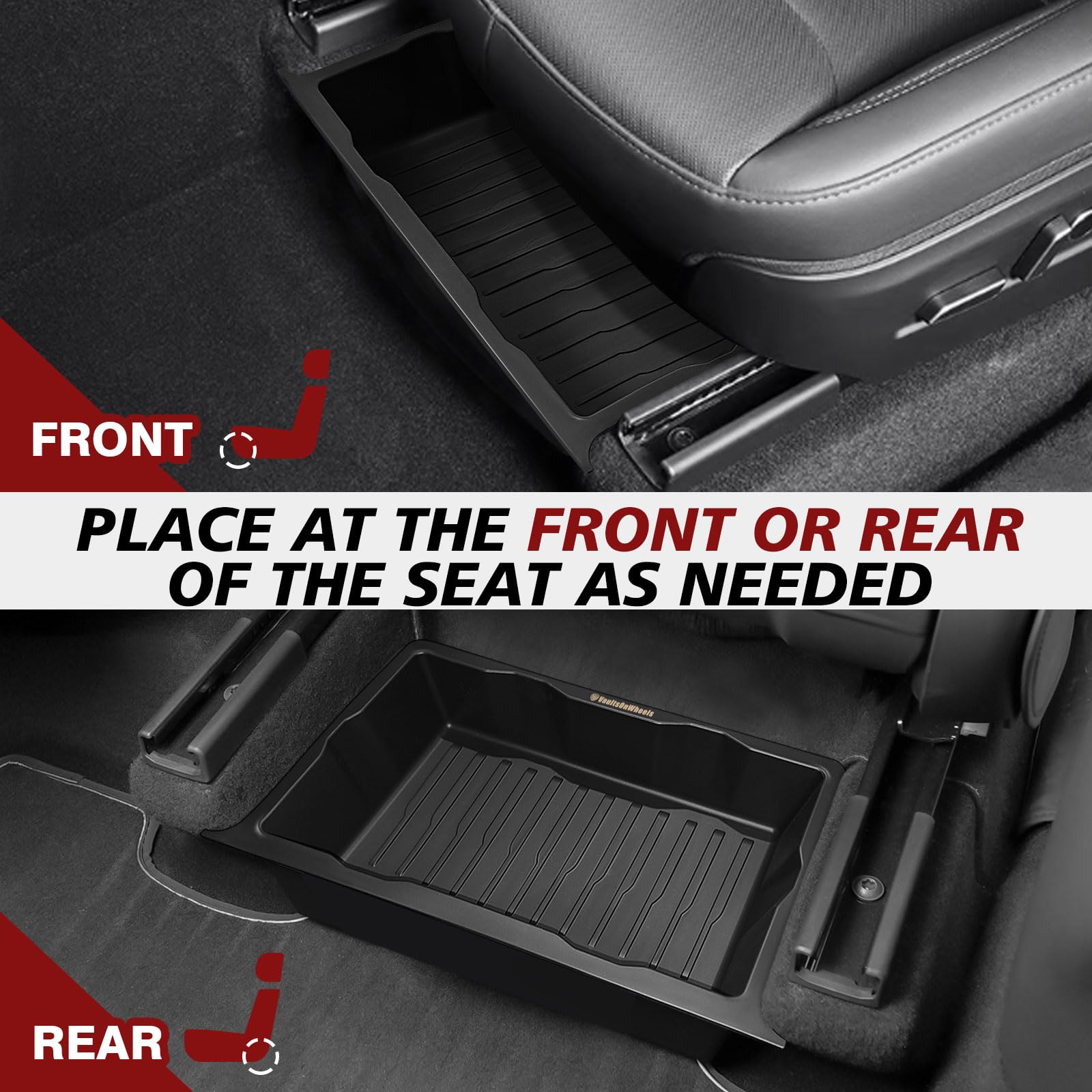 VaultsOnWheels installed under driver seat demonstrating hidden storage and improved cabin organization