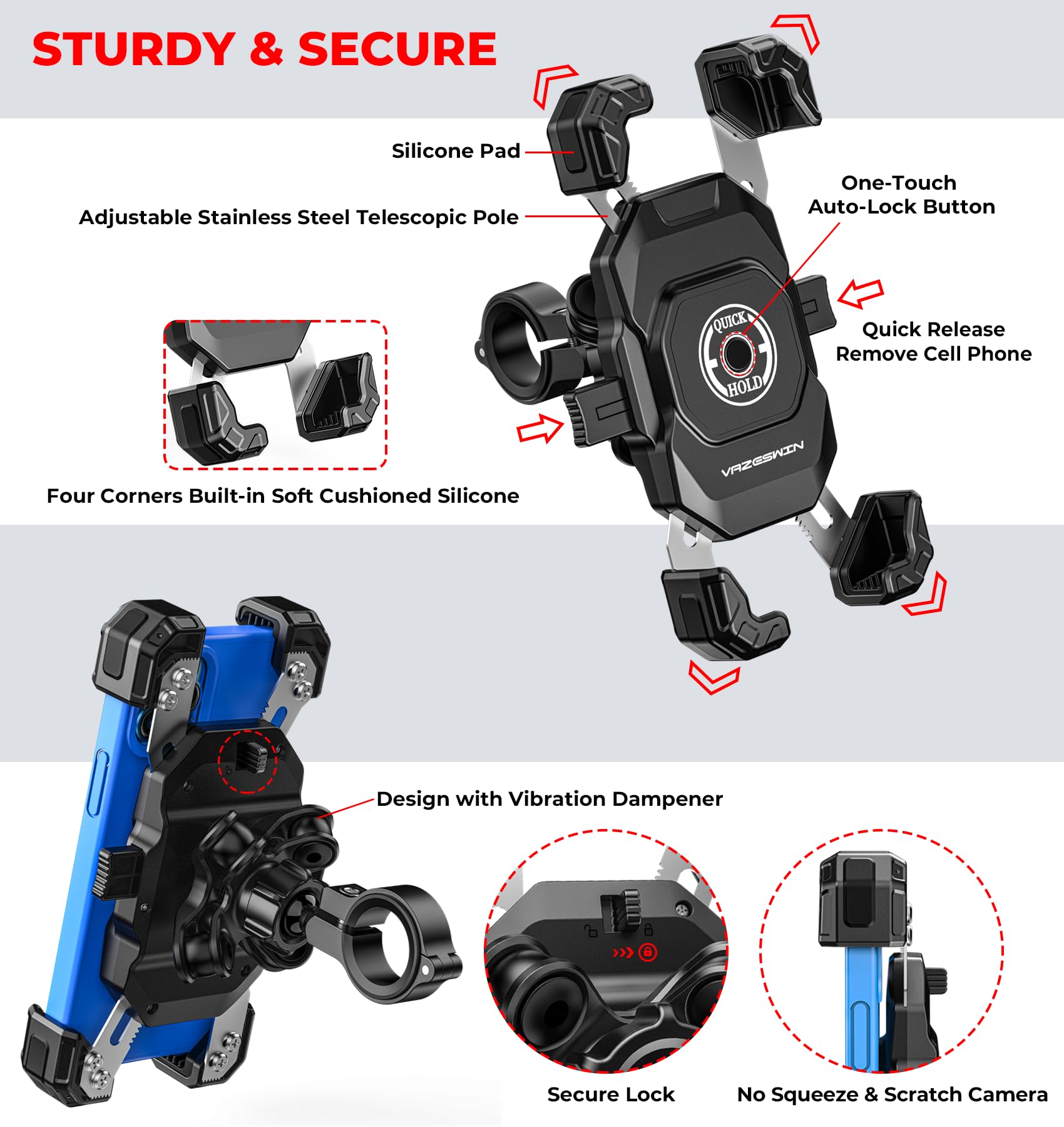 VAZESWIN aluminum clamp with rubber rings ensuring tight, protected handlebar mount