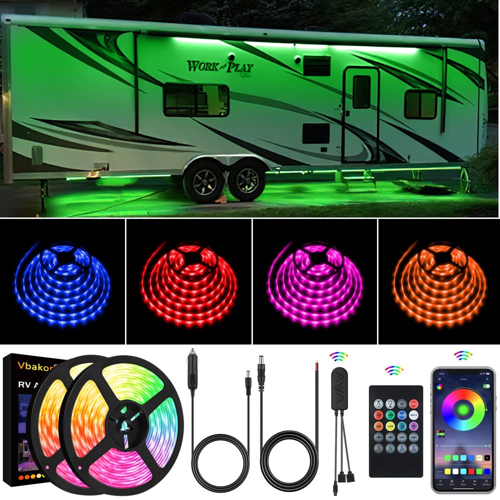 Vbakor front packaging showing complete 40FT RV LED kit and components, clear contents benefit