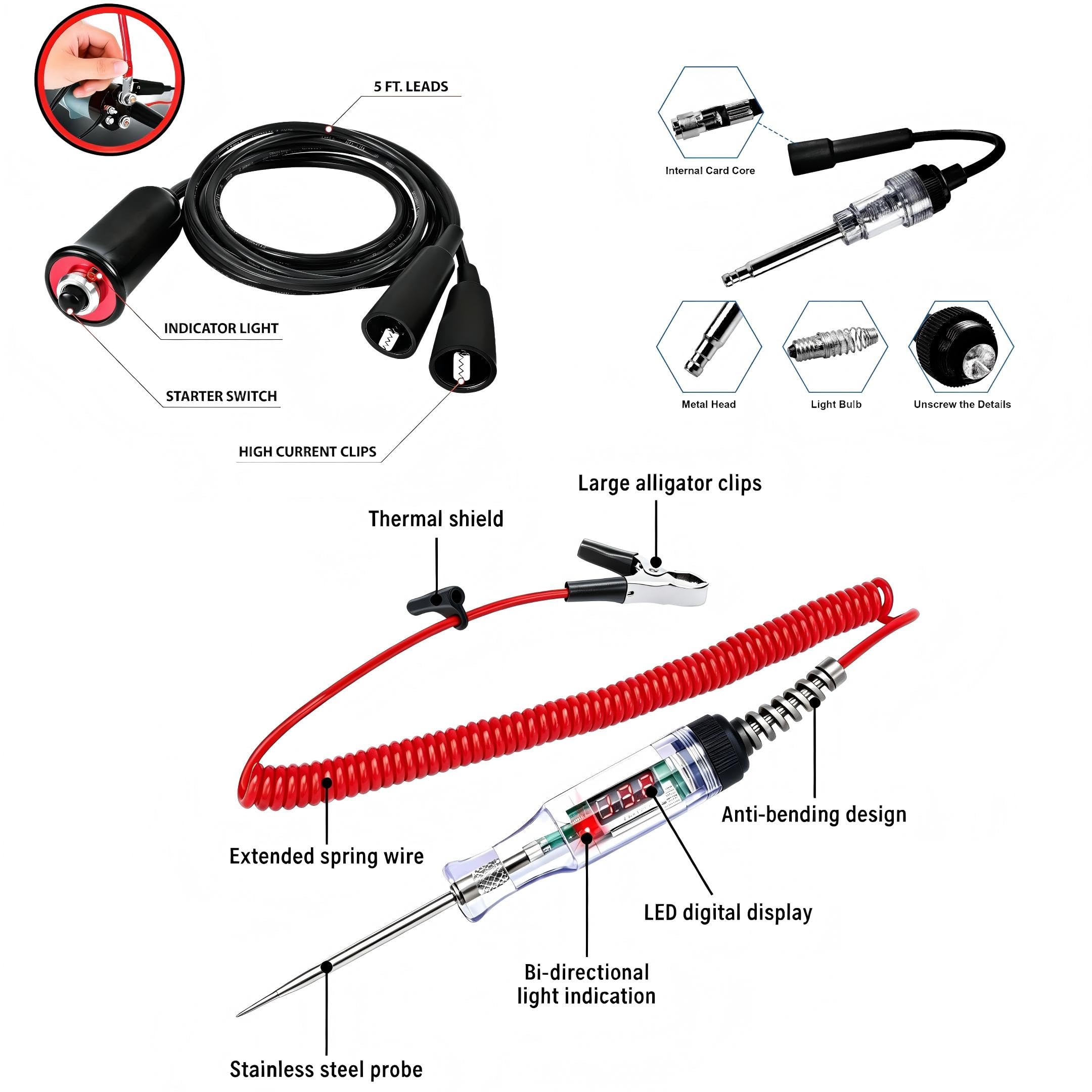 VCC digital test light probe detail reaches tight terminals and protects circuits
