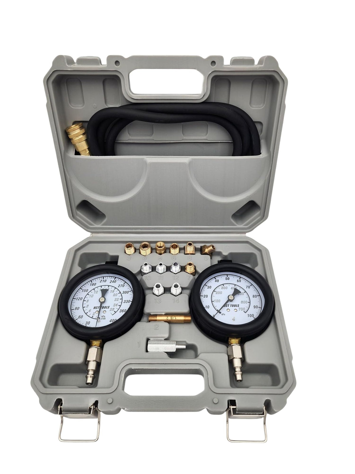 VCT front kit layout showing gauges, hose, and 14 adapters for versatile diagnostics