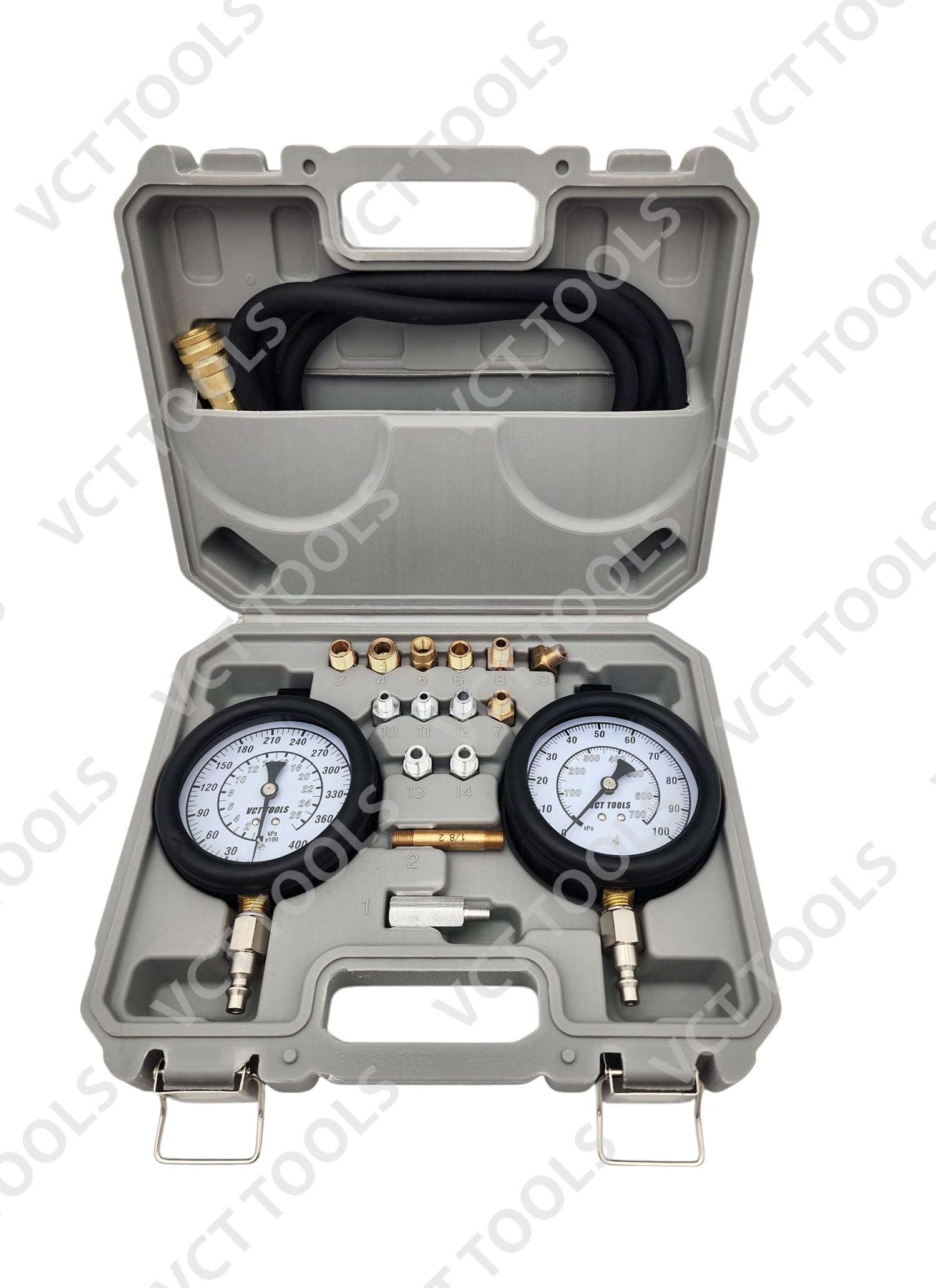 VCT precision gauges closeup displaying clear psi and kPa markings for accurate readings