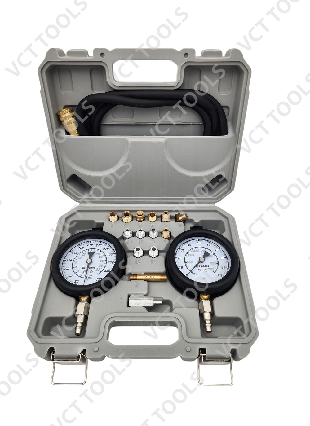 VCT precision gauges closeup displaying clear psi and kPa markings for accurate readings