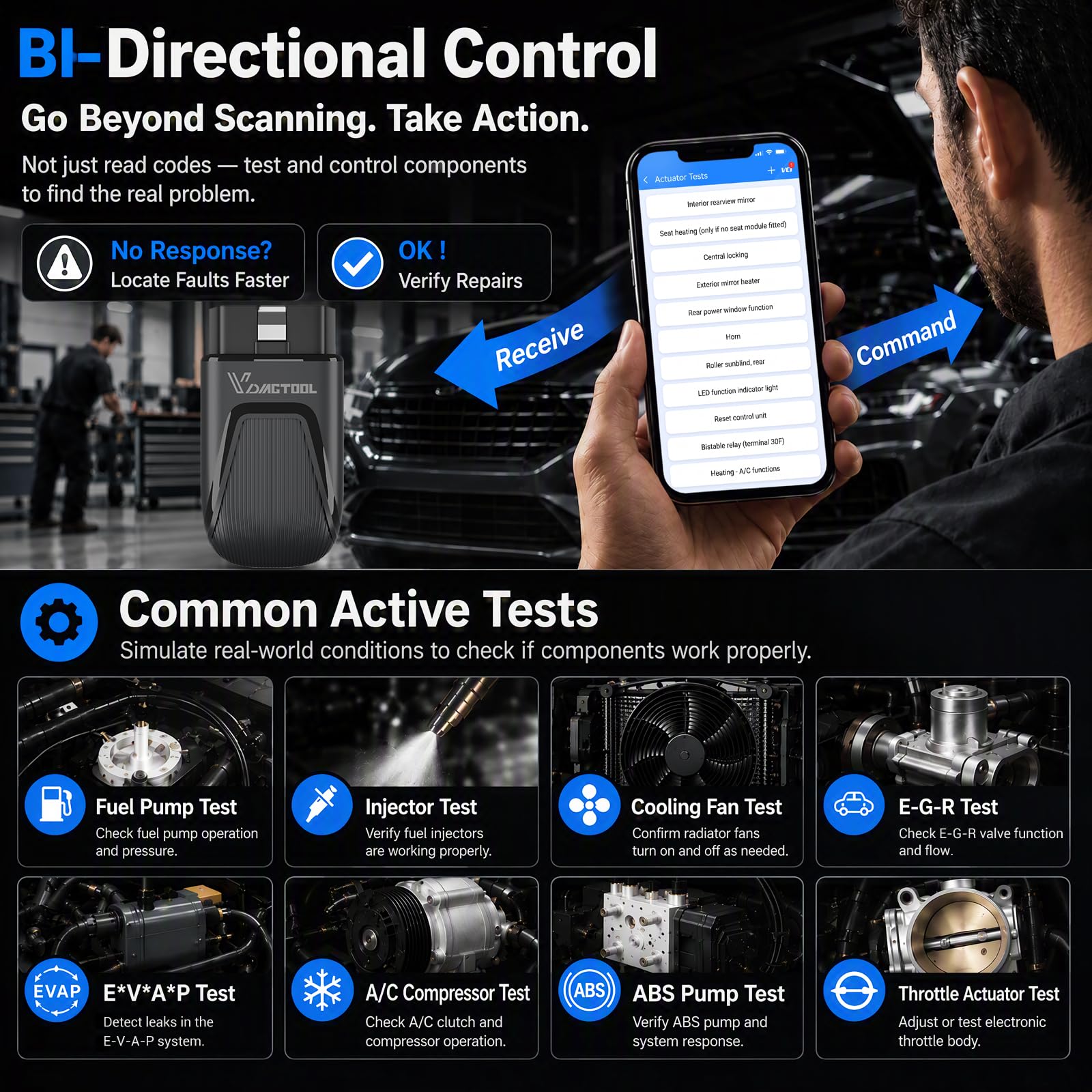VDIAGTOOL app home screen on smartphone displaying vehicle scan and results