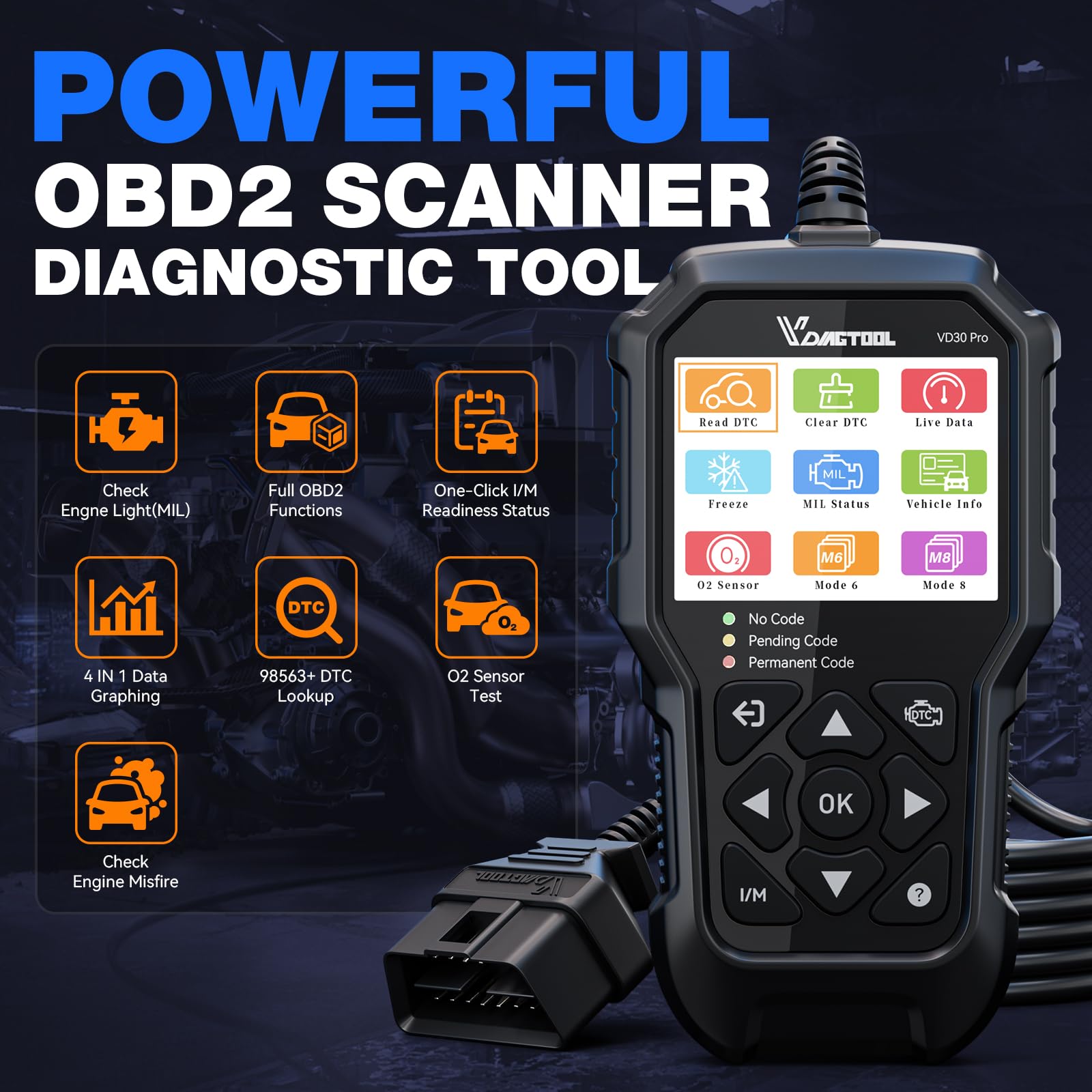 VDIAGTOOL VD30 Pro plugged into car OBD port showing quick plug-and-play convenience
