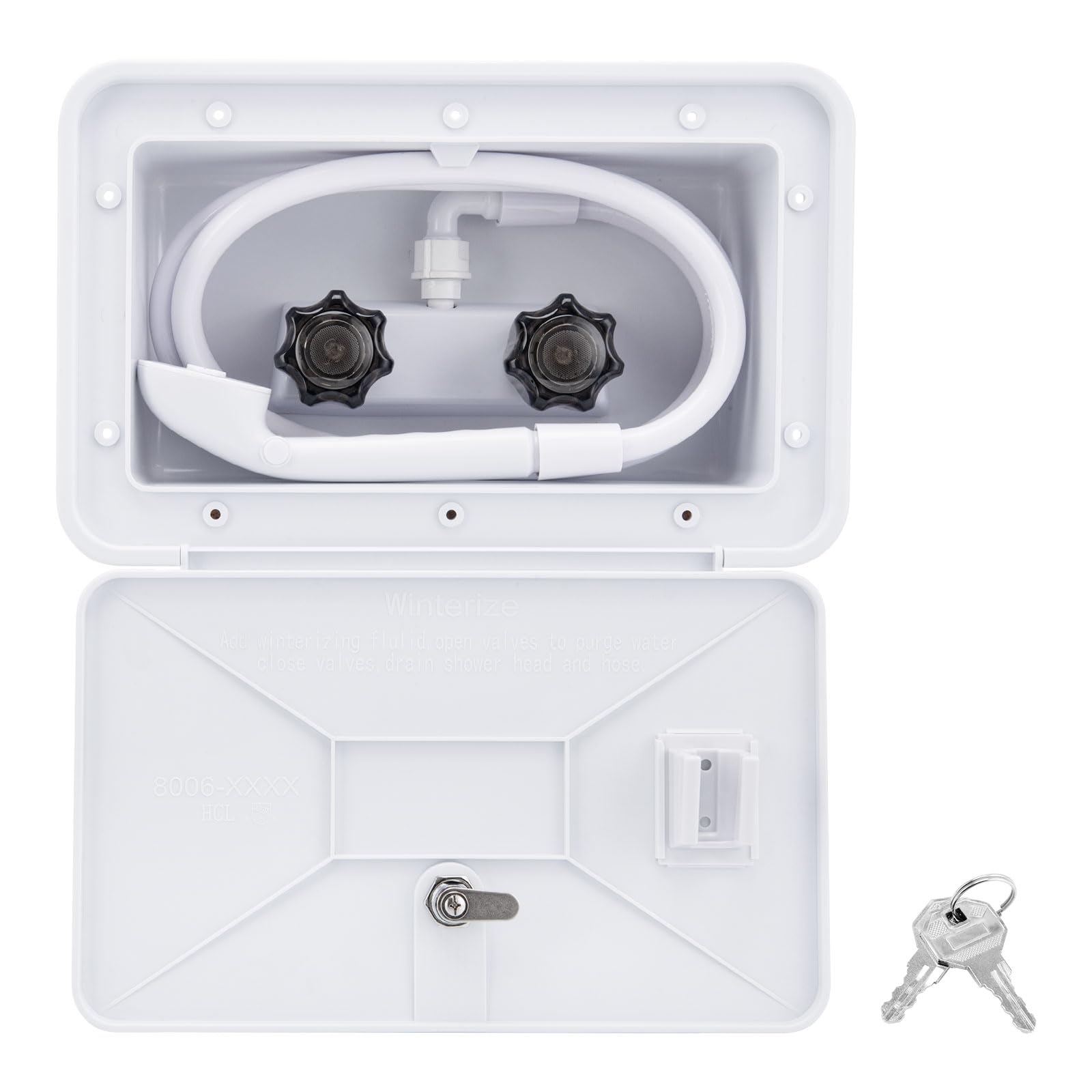 VECKYJL front exterior shower box showing sleek white finish and neat fit