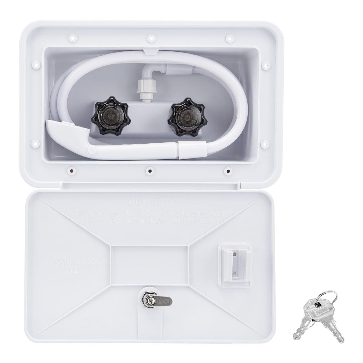 VECKYJL front exterior shower box showing sleek white finish and neat fit