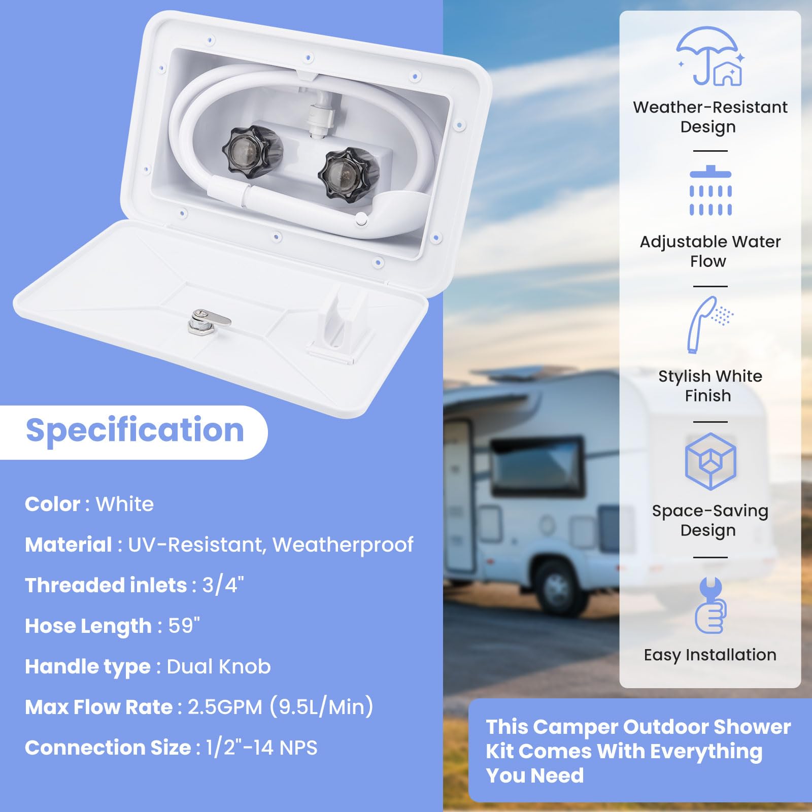 VECKYJL mounted on an RV exterior in use for rinsing gear outdoors