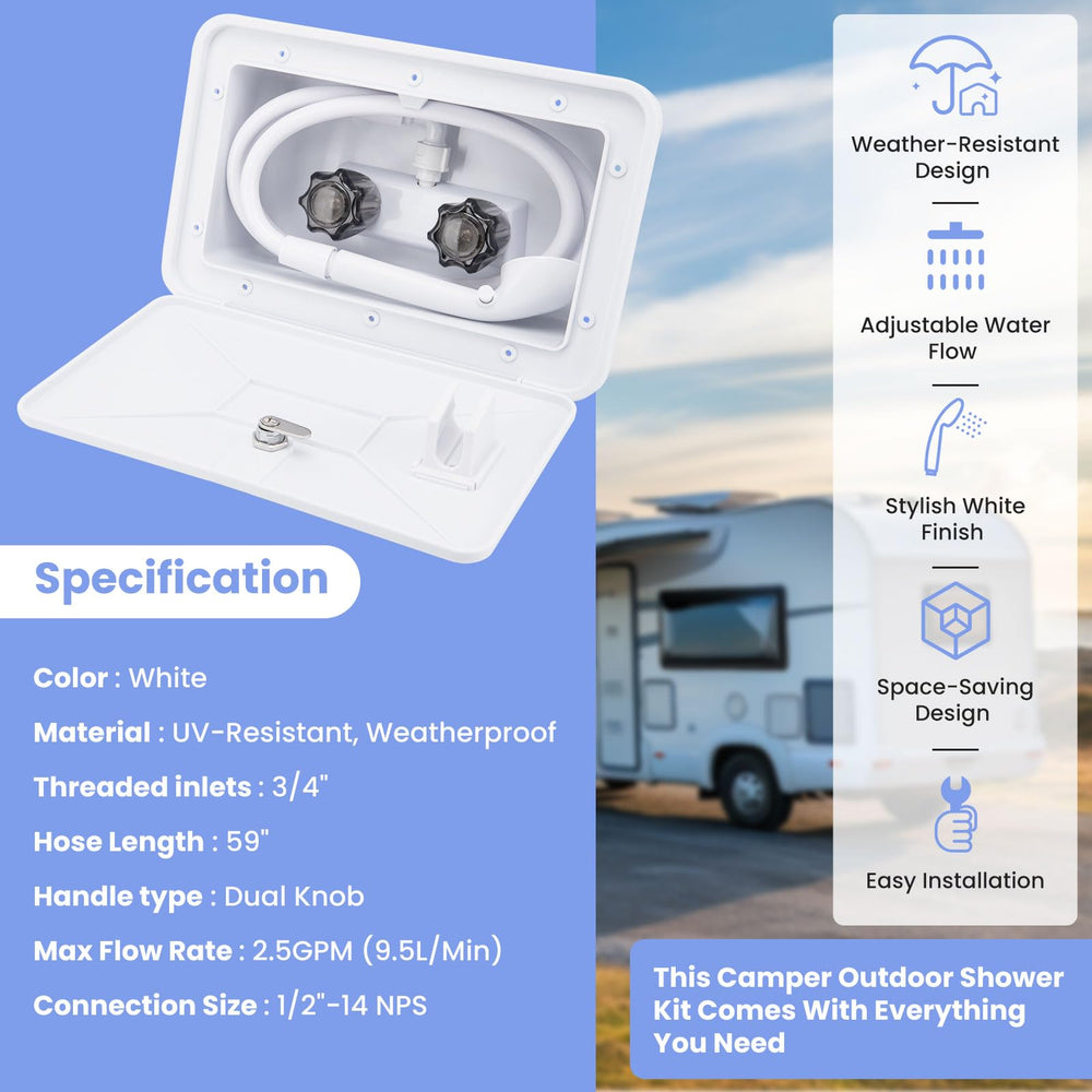 VECKYJL mounted on an RV exterior in use for rinsing gear outdoors
