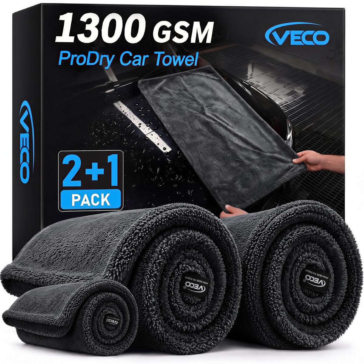 Veco front view of folded 3-piece towel set showing kit and fast drying