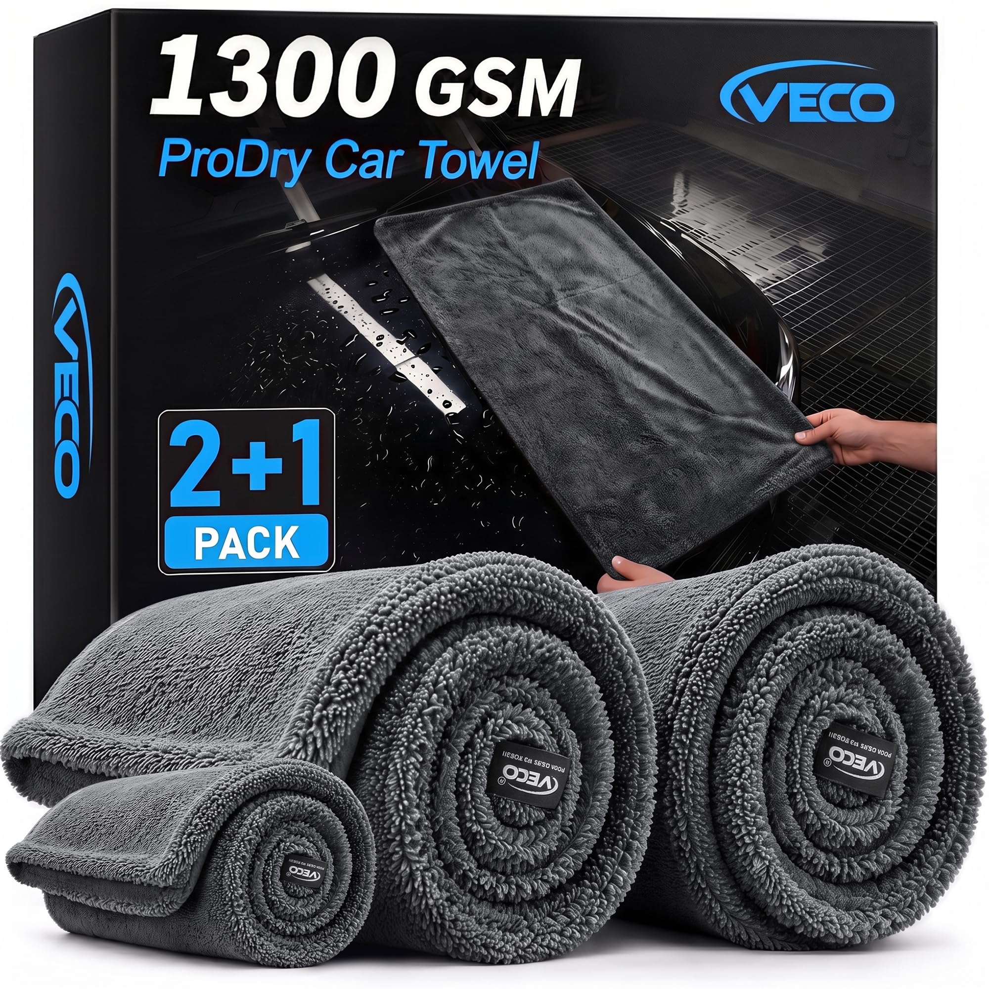 Veco front packaging and three gray towels showing kit completeness and convenience
