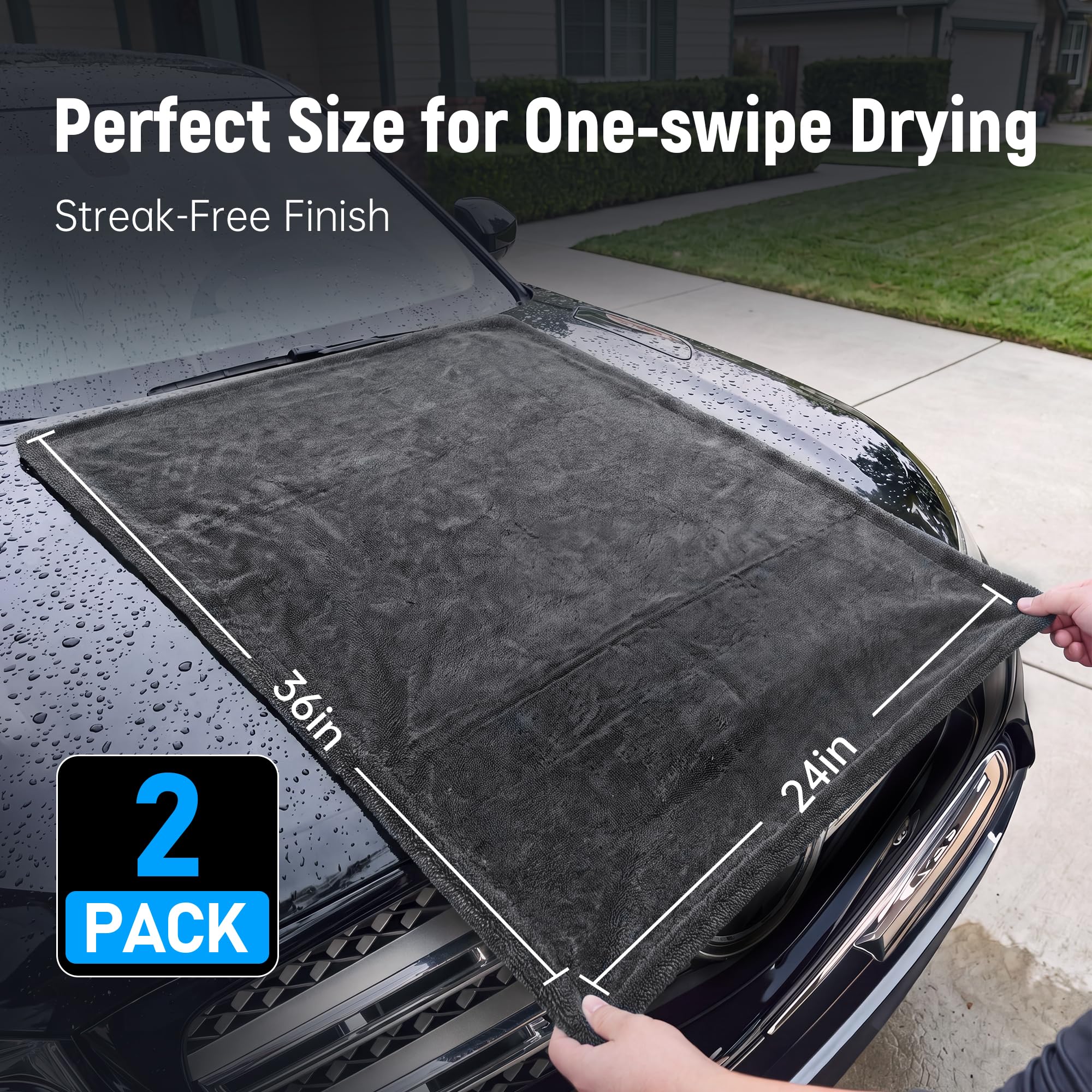 Veco drying towel on hood of SUV, demonstrates streak-free finish