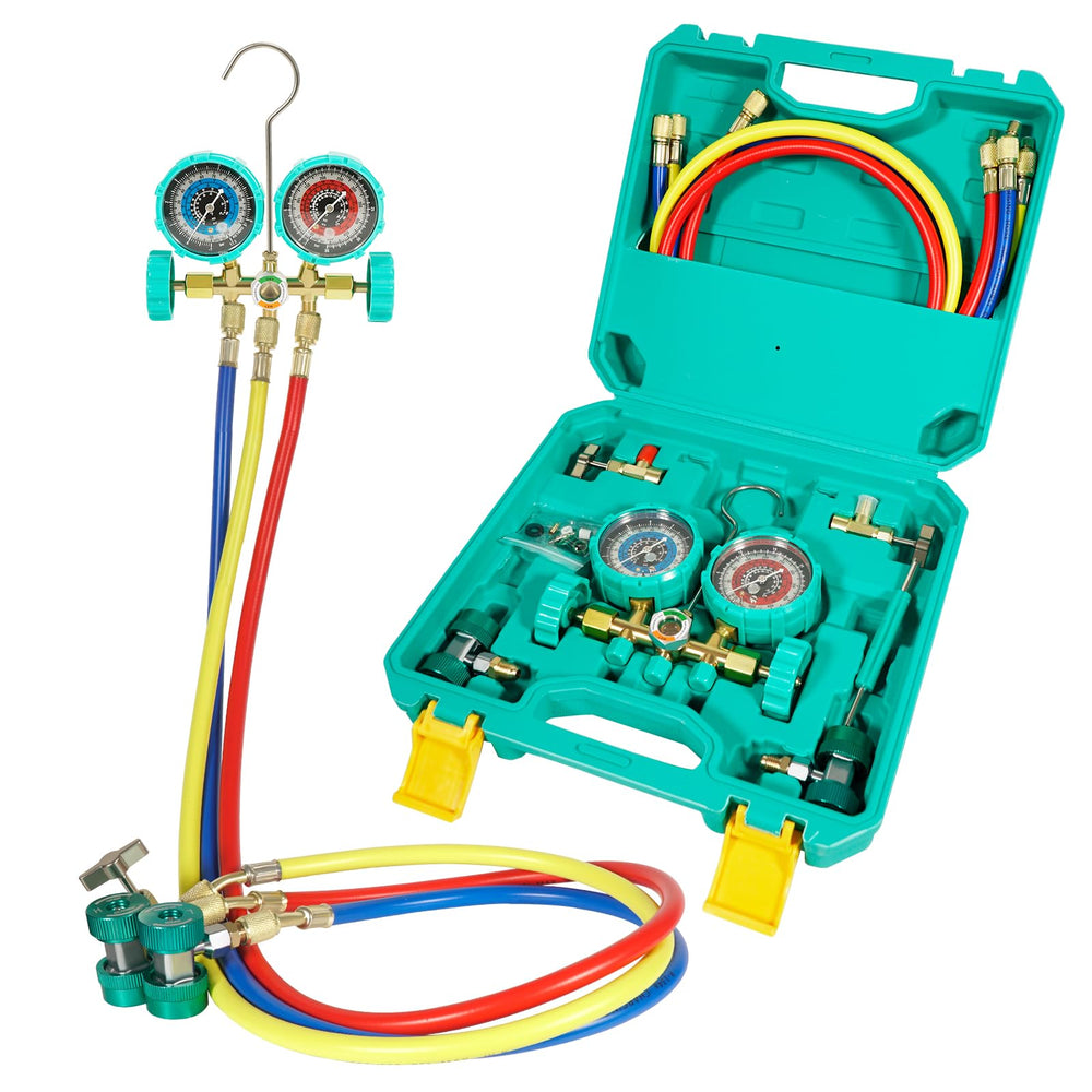 VECOTOOLS front view of complete manifold gauge set showing neat layout and portability