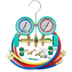 VECOTOOLS manifold front view showing brass body and rubber-coated gauges for durability