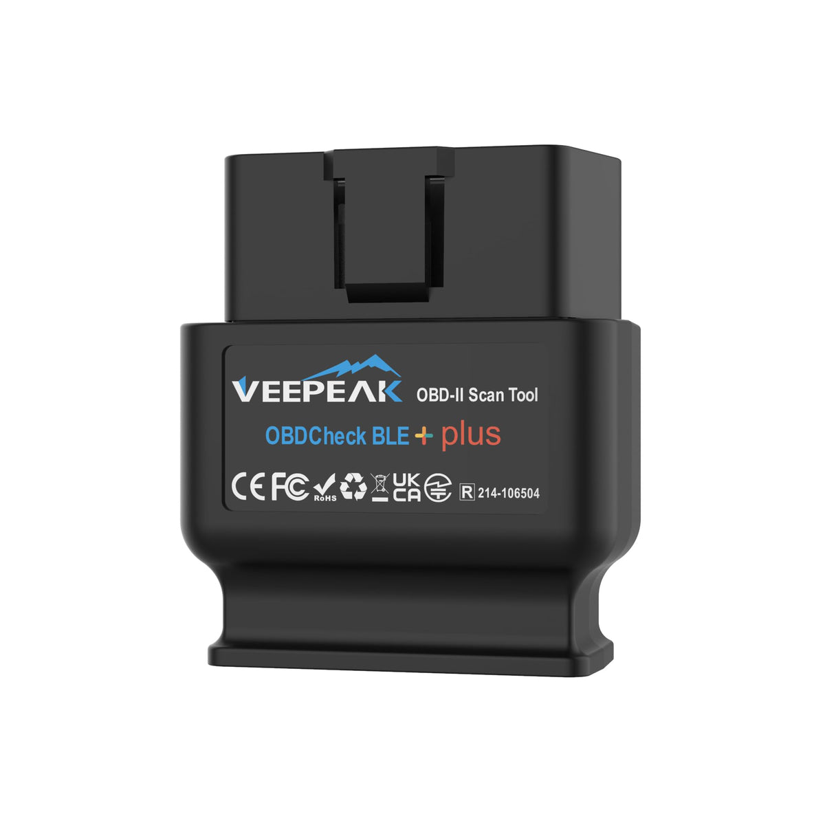 Veepeak front view of OBDCheck BLE+ adapter showing compact plug, easy access