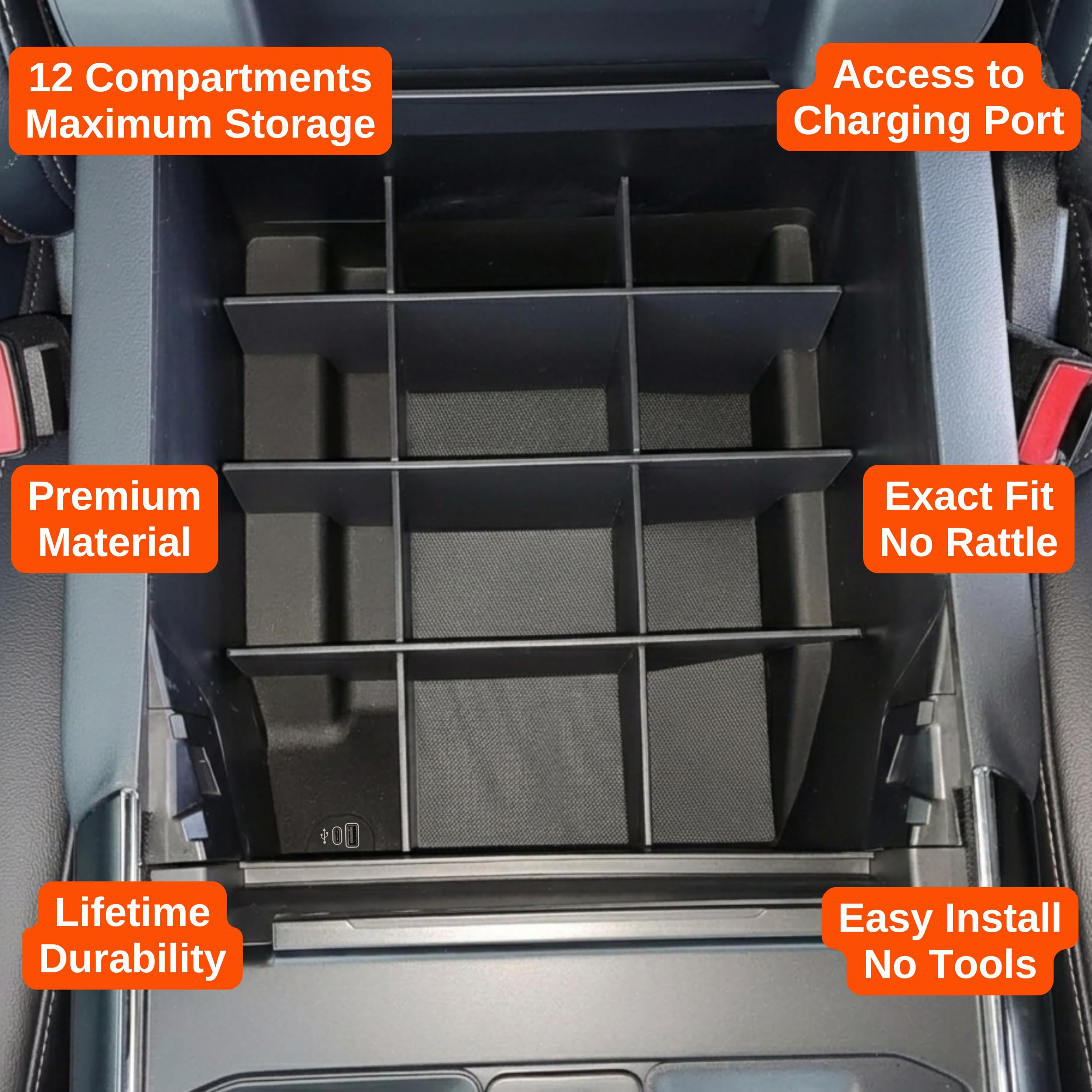 Vehicle OCD SLX169 with phone, cables, sunglasses showing everyday item organization