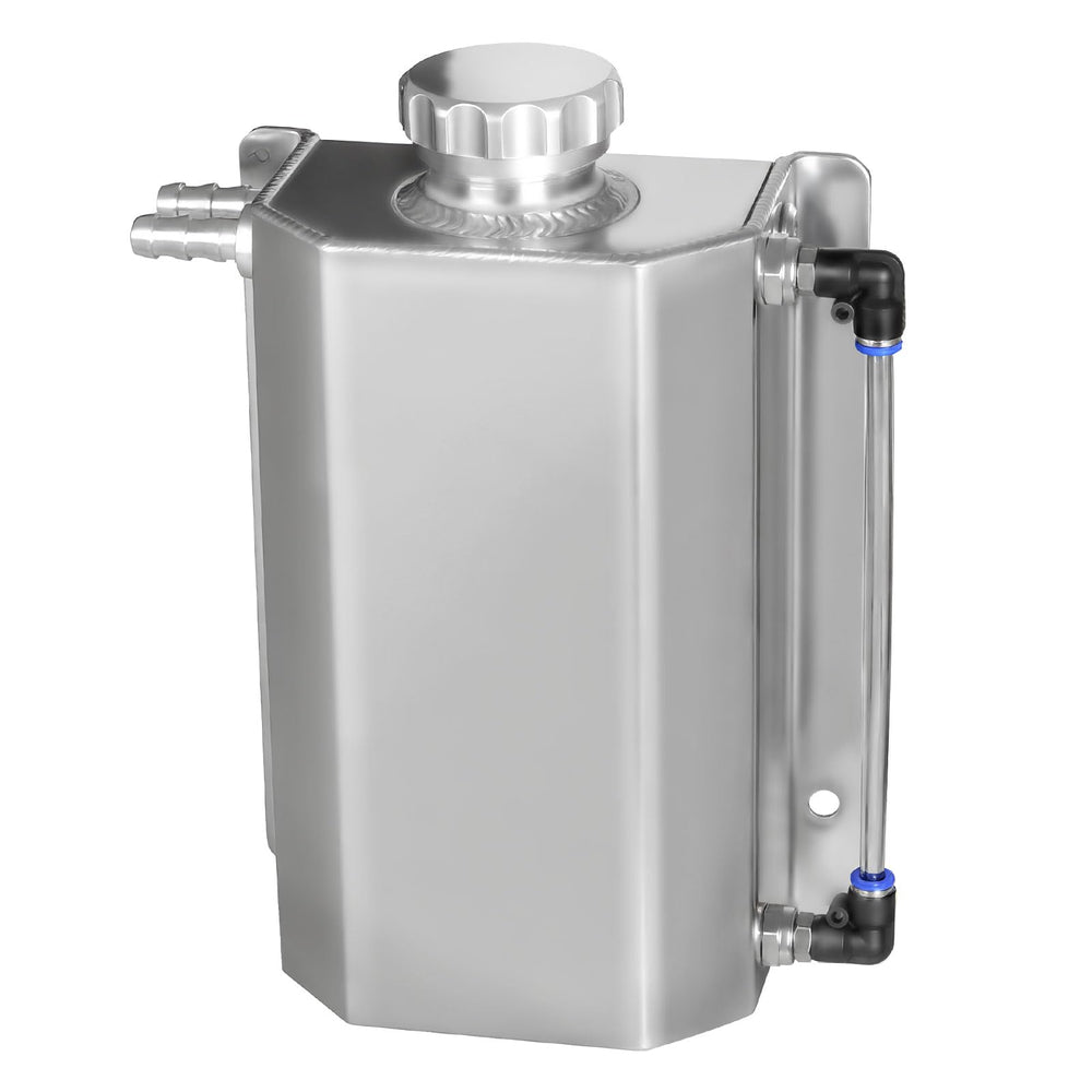 VehiMata front view of silver 2L coolant tank showing compact profile and capacity benefit