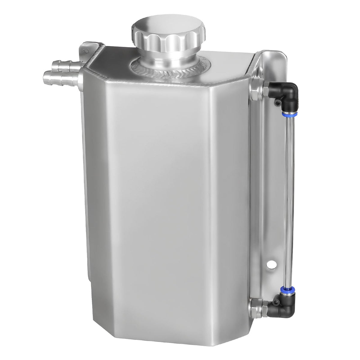 VehiMata front view of silver 2L coolant tank showing compact profile and capacity benefit