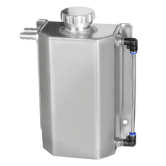 VehiMata front view of silver 2L coolant tank showing compact profile and capacity benefit