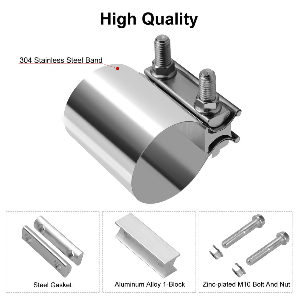 VehiMata clamp installed on muffler showing fast, weld-free repair benefit
