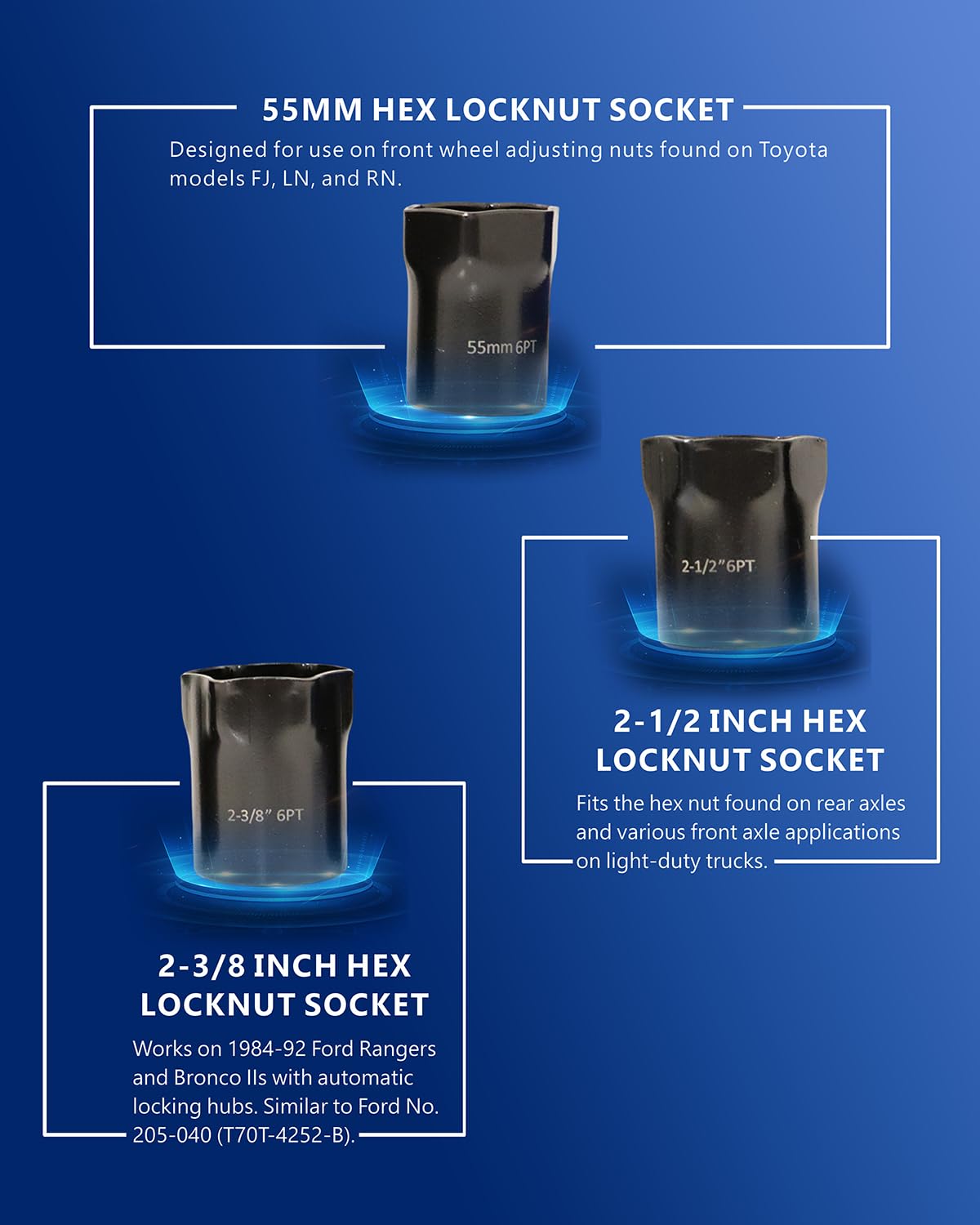 VEHIRETL stamped size markings on socket faces for quick identification and correct socket selection