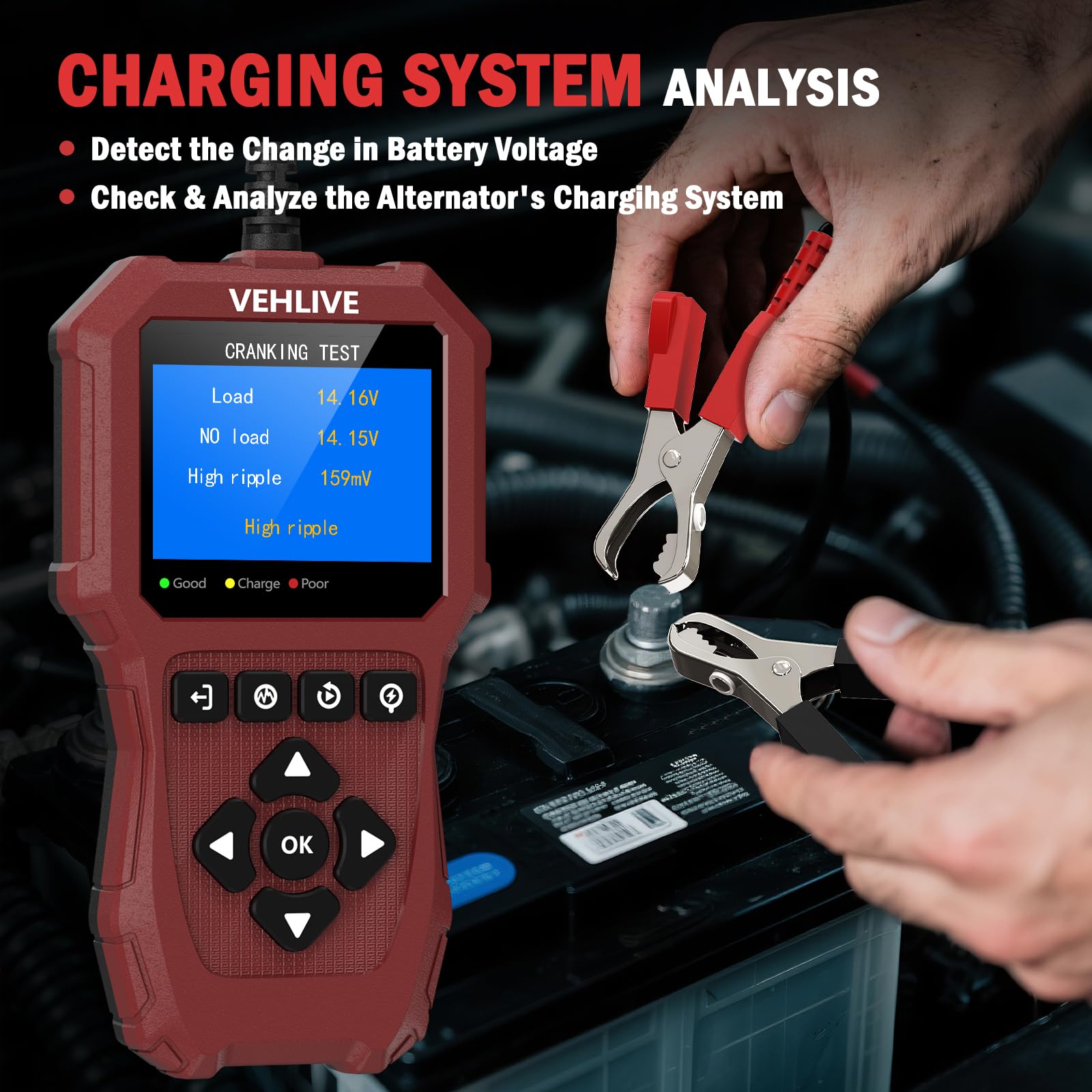 VEHLIVE BT911 performing alternator load test to identify charging faults