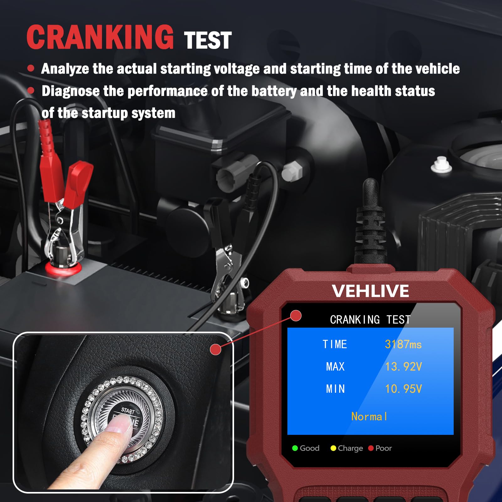 VEHLIVE BT911 display in use showing battery health results for clarity