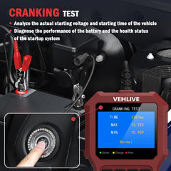 VEHLIVE BT911 display in use showing battery health results for clarity