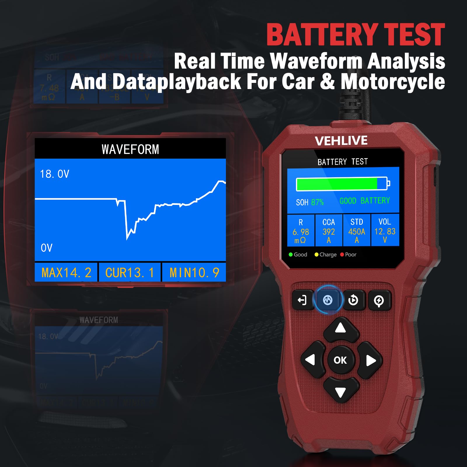 VEHLIVE BT911 testing a motorcycle battery in dedicated 6V mode for accuracy